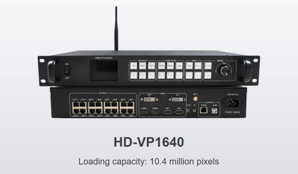 HD-VP1640 is a four windows LED display controller, it have 16 lines Gigabit Ethernet ouput, the loading capacity is 10.4 million pixles, support 6 signal input and can swithing arbitrary, comes with Wi-Fi funciton, support mobile APP wireless control.