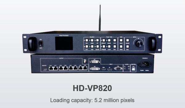 HD-VP820 is one powerful 2-in-1 controller which integrated the function of one single-picture video processing and one sending card, load capacity is 5.2 million pixels, the widest is 8000 pixels, and the highest is 3840 pixels, multi-signal input, support 4K video signal input and double windows display.