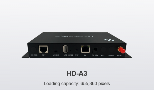 HD-A3 is asynchronous sending box, come with Wi-Fi, support mobile APP wireless management, equipped with 8GB memory, support expending memory by U-disk, support optional 4G module, remote cluster control, suitable used for all asynchronous advertising LED display.