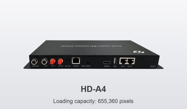 HD-A4 is the second generation Dual-mode LED display player, supports asynchronous playback, synchronous playback, U-disk socket and video auto-scaling functions, with the maximum load capacity 655,360 pixels. Come with Wi-Fi module, support mobile APP management. Equipped with 8GB memory, support expending memory by U-disk. Support optional 4G module, remote cluster control.