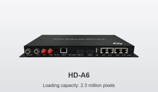 HD-A6 is the second generation Dual-mode LED display player, supports asynchronous playback, synchronous playback, U-disk socket and video auto-scaling functions, with the maximum load capacity 2.3 million pixels. Come with Wi-Fi module, support mobile APP management. Equipped with 8GB memory, support expending memory by U-disk. Support optional 4G module, remote cluster control.